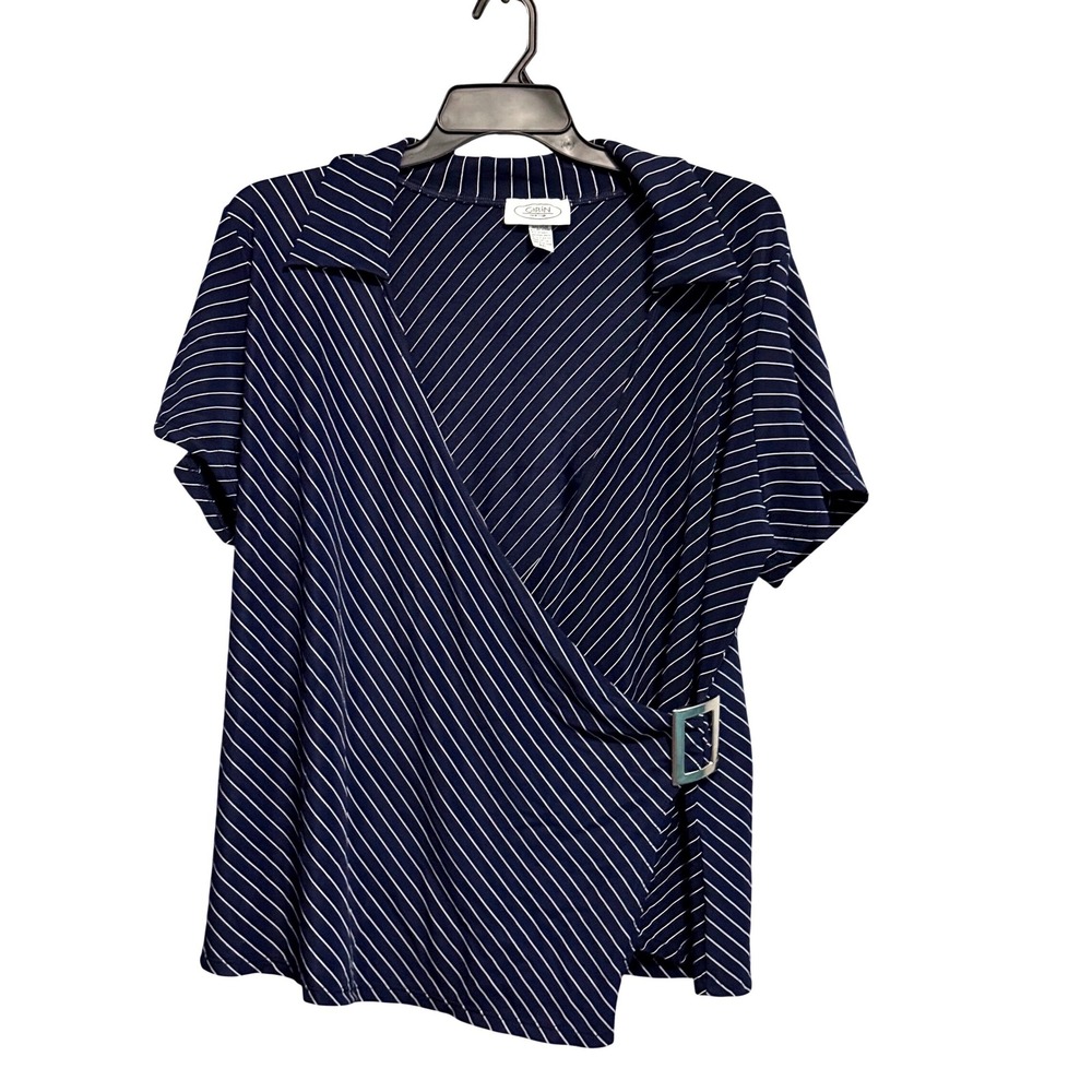 Caran New York Navy Blue Pinstripe Short Sleeve Wrap Top Buckle Accent 3XL